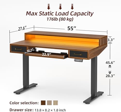 TIQLAB Standing Desk with Two Drawers, Stand Up Standing Desk Adjustable Height, Electric Sit Stand Table with Storage Shelf and Splice Board, with LED Light, 55 * 28 inch, Black Walnut - Image 3