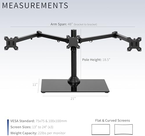 VIVO Black Triple Monitor Mount Freestanding Desk Stand with Glass Base, Heavy Duty Fully Adjustable Stand for 3 Screens up to 24 inches STAND-V003FG - Image 3