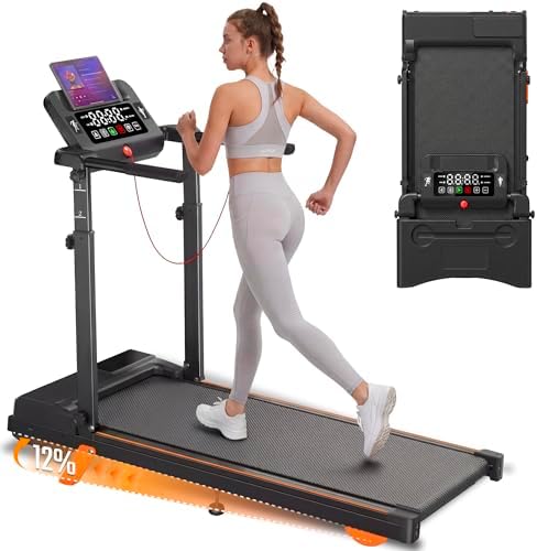 Foldable Walking Pad Treadmill with 12% Incline for Home Small, 3.5HP Under Desk Quiet Treadmill with Handle Bar, Compact Running Machine for 350 Lbs Capacity by BMJXUS