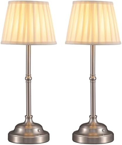 KDG Nickel Cordless LED Table Lamps Set of 2, Beige Fabric Shade Desk Lamps by KDG