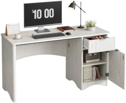 Bestier Computer Desk with Drawers, 47" Wood Office Storage Desk, White Oak by Bestier