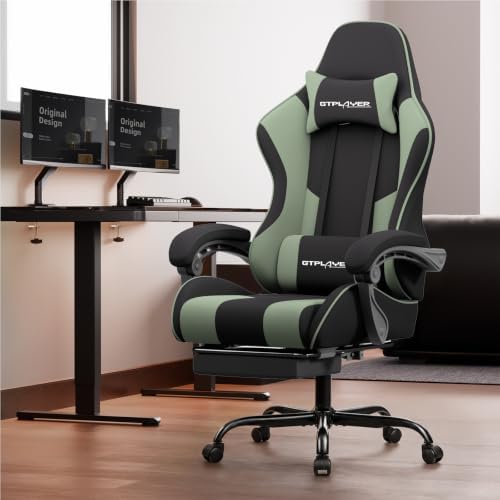 GTPLAYER Gaming Chair, Computer Chair with Footrest and Lumbar Support, Height Adjustable Game Chair with 360°-Swivel Seat and Headrest and for Office or Gaming (Green, Fabric) - Image 2