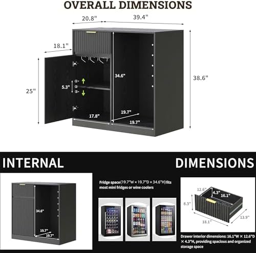 Mini Fridge Cabinet, Coffee Bar Cabinet with Fridge Space, Black - Image 2