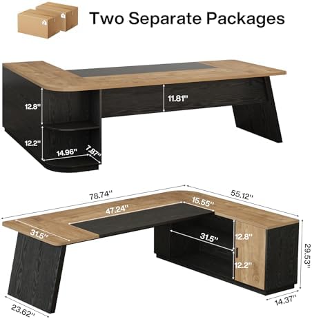 Tribesigns 79-Inch Executive Desk, Large Office Desk with Cabinet, L-Shaped Compter Desk with Storage Shelves, Writing Table for Home Office, Natural Oak and Black - Image 2