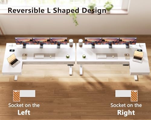 OffiGo 63 Inch L Shaped Standing Desk with 4 Wooden Drawers, White - Image 6