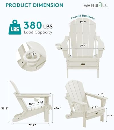 SERWALL Folding Adirondack Chair Set of 2 with Cup Holder, Fire Pit - White - Image 3