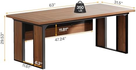 Tribesigns 63" Executive Desk, Modern Office Desk with Privacy Panel & Metal Frame, Large Computer Desk for Home Office, Writing Study Workstation Business Furniture (Brown & Black, Only Table) - Image 2