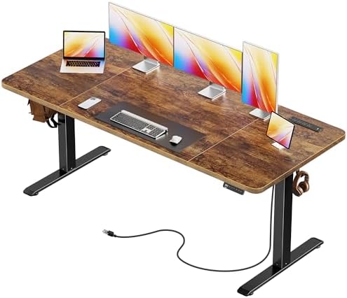 Huuger 63 X 24 Inch Electric Standing Desk with Power Outlets and USB-C Port, Height Adjustable Desk, Sit Stand Desk for Home Office, Computer & Gaming Desk, Stable Steel Frame, Rustic Brown by Huuger