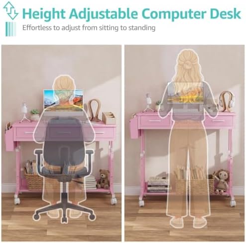 Pink Rolling Desk with Drawers, 40" Height Adjustable Girls Standing Desk - Image 6