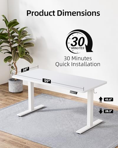 TIQLAB Electric Standing Desk, Adjustable Height Stand up Desk, 55 * 24 Inches Sit Stand Home Office Table with Splice Board, White - Image 3