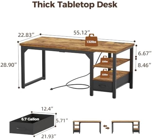 Mericonia 54" Computer Desk with Drawer, 1.2" Thick Reversible Office Desk - Image 3