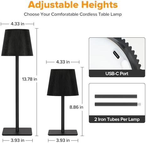 LUTEC 4 Pack Cordless Table Lamp,6000mAh Rechargeable Battery Operated Desk Lamp,Two Adjustable Heights,Waterproof, Touch Control & 3 Color Stepless Dimming for Restaurant/Bedroom/Bars/Outdoor (Black) - Image 4