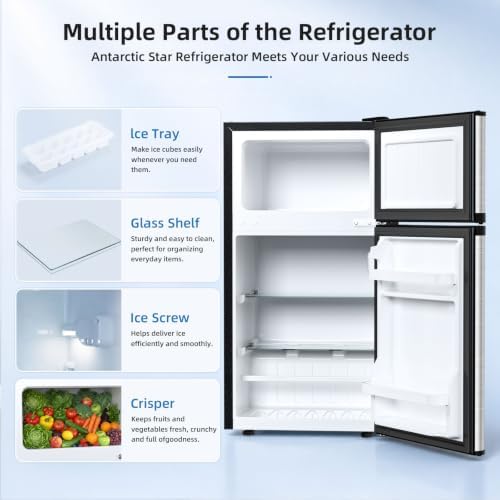 Antarctic Star Compact Mini Fridge with Freezer,Double Door with Adjustable Thermostat,Small Fridge Removable Shelves for Dorm/Office,2.45 Cu.Ft,STEEL - Image 2
