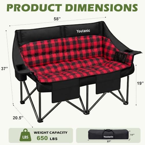 Youtanic Double Camping Chair, Heavy Duty 650lbs Padded Loveseat for Adults - Image 2