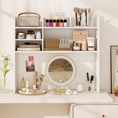 BECOMFORT Desk Hutch, Desk Organizer Shelf w/ 6 Storage Compartments, up to 32” Monitor, Wooden Display Rack, Desktop Bookshelf for Vanity Dressing Tabletop College Dorm Home & Office - Image 4