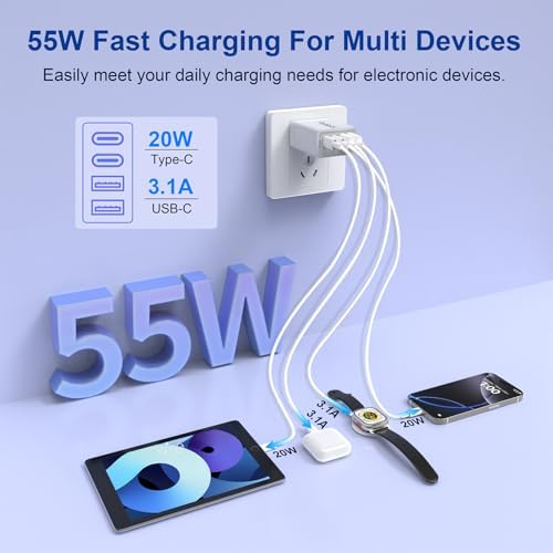 USB C Charger Block, 2 Pack 55W 4-Port Multiport Fast Wall Charger with PD (2x20W)+QC (2x3.1A) Power Adapter, Fast Charging Cable, Type C Charging Hub for iPhone 17/16/15/14/13/12/Pro/Max/XS - Image 2