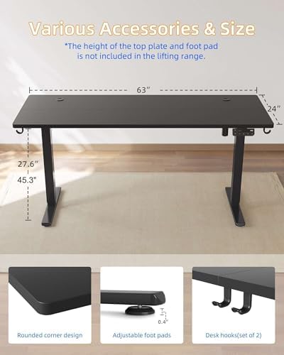 YIHAYO Electric Standing Desk, 63 x 24 Inches Stand Up Desk with Splice Board, Adjustable Height Desk, Computer Desk for Home Office, Black Frame/Black Top - Image 2
