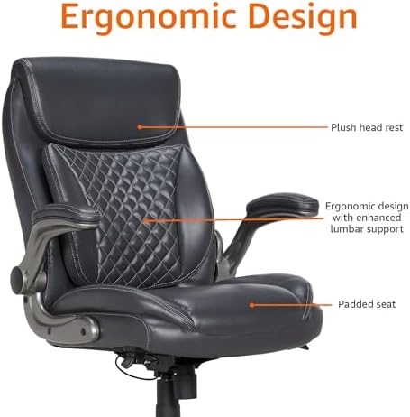 Amazon Basics Ergonomic Executive Office Chair with Adjustable Lumbar Support, Flip-up Arms, Height Adjustable, 360° Rolling Swivel, Computer Desk Chair, Grey Leather - Image 4