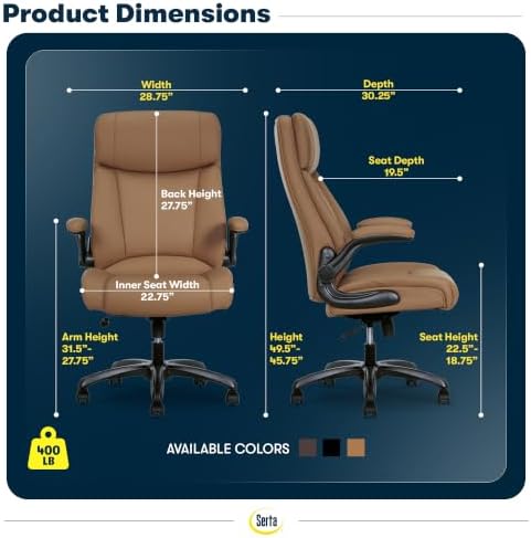 Serta Big and Tall Office Chair with Lumbar Support, Flip Arm Leather Chair - Image 3