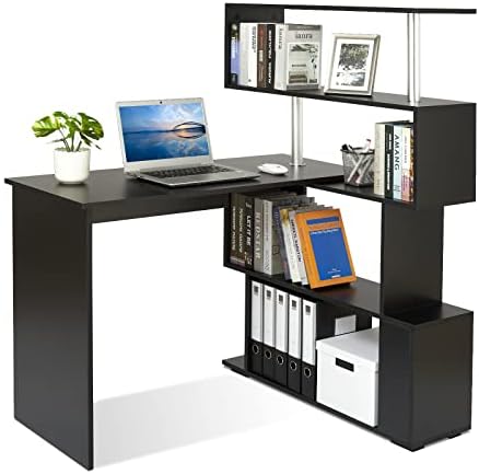 Mondeer 41.7" L-Shaped Desk with 4-Tier Shelves for Home Office in Black by Mondeer