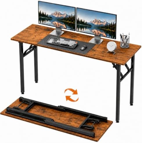 Folding Table Computer Desk - 55.1" No Assembly Folding Desk Design and Foldable Office Desk, Small Desk for Bedroom, Compact Storage Portable Use for Dorm and RV Small Space, Rustic Brown by HMFOR