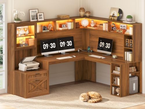 SEDETA Farmhouse 68" L Shaped Office Desk with Hutch, Storage Drawers by SEDETA