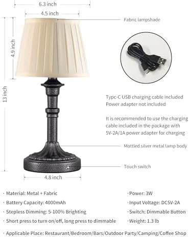 KDG Mottled Silver Cordless Table Lamps Set of 2, Beige Fabric Shade Light - Image 5