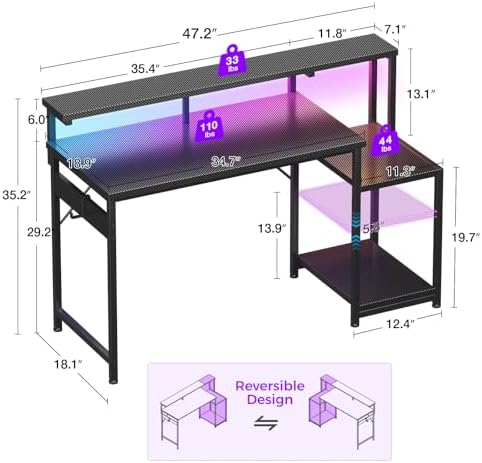 AODK 48 Inch Gaming Desk with LED Lights & CPU Stand, Carbon Fiber Black - Image 3