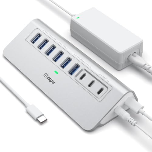 Powered USB Hub 10Gbps, intpw 9-Port USB 3.2/USB C Hub(3 USB 3.2 + 4 USB 3.0 + 2 PD 45W Charging Ports), 65W Power Adapter and 3.3FT Cable, Aluminum USB Hub for Laptop, iPhone 17/16/15，PC by intpw