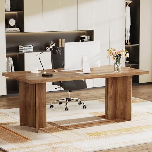 Tribesigns 63-inch Executive Desk, Vintage Home Office Computer Desk with Large Tabletop, Farmhouse Wood Writing Conference Table Workstation for Office, Study, Walnut Brown by Tribesigns