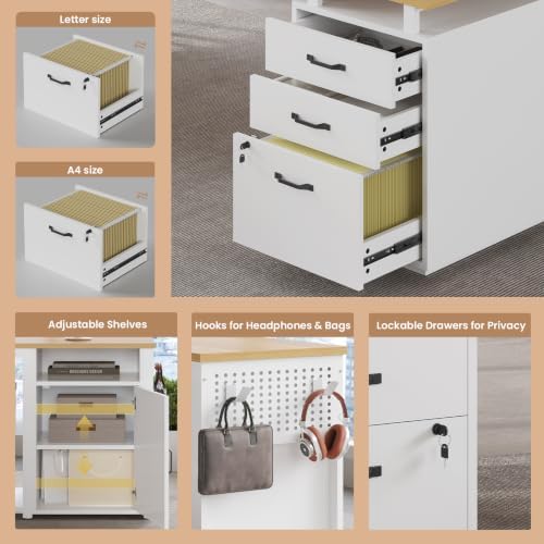 78" Executive Desk with Lockable File Cabinet, L Shaped Office Desk with Power Outlets, Large Executive Desk with Drawers and Storage Shelves , Reversible Computer Desk with Privacy Screen (White) - Image 3