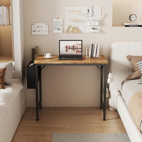 Lufeiya Small Desk for Small Spaces, 32 Inch Kids Girls Study Writing Desks for Bedroom, Simple Modern Laptop PC Little Side Table with Storage Bag Headphone Hooks, Rustic Brown - Image 4
