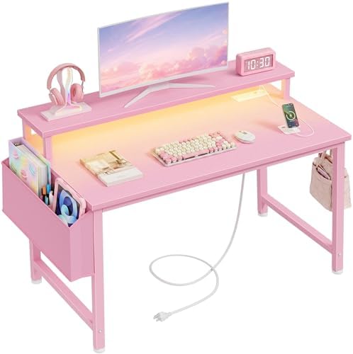 Lufeiya Small Girls Desk with Power Outlets and LED Lights, 32 Inch Gaming Desk Table with Charging Station, Home Office Computer Desks with Monitor, Pink by LUFEIYA