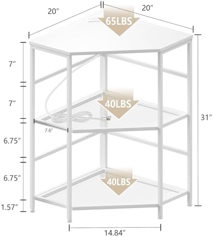 EasyCom 20"x20" Corner Printer Stand with Charging Station, Adjustable Height Storage Shelf for CPU Shredder, Triangle Corner Coffee Table for Small Space Kitchen Office Living Room-White - Image 5