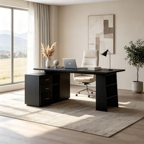 71" L-Shaped Executive Desk Big Business Furniture Desk Workstation, Large Office Computer Desk with Double Pedestal and Power Outlets, Modern Simple Table Conference for Home Office, Black - Image 5