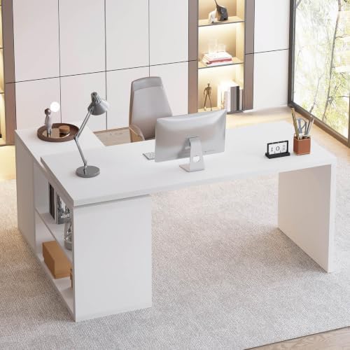 HSH White L Shaped Desk with Storage, Home Office Desk for Work, 55 Inch - Image 5