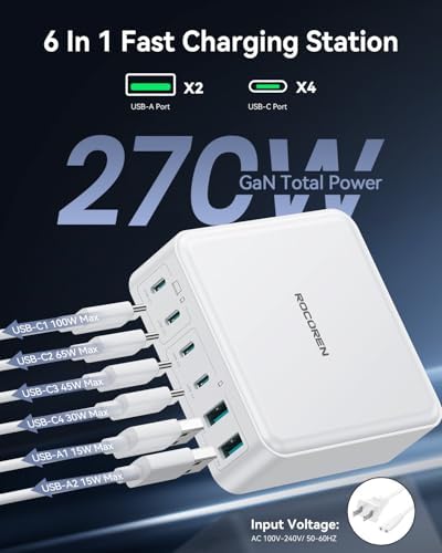 Rocoren 270W GaN 6‑Port Charging Station,100W PD Fast Charger Block Dock - Image 2