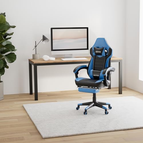Gaming Chair with Footrest, Gaming Chairs PVC Leather Ergonomic Office Gamer Chair Headrest Lumbar Support Racing Style Video Gaming Chair for Office (Black Blue) - Image 2