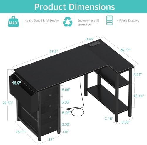 Lufeiya L Shaped Gaming Desk with Power Outlet, 47 Inch Reversible Corner Computer Desk with Drawers & Storage Shelves for Home Office Bedroom, L-Shaped Teen PC Desks with Fabric Drawer, Black - Image 3