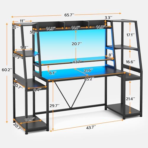 SEDETA 65.7'' Gaming Desk with LED Lights, Hutch and Storage Shelves, Black - Image 2
