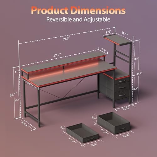 Mericonia 60 inch Gaming Desk with Drawers, Reversible Computer Desk, Black - Image 2