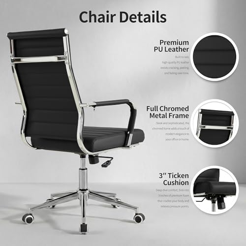 Okeysen Office Desk Chair, Ergonomic Leather Modern Conference Room Chairs, Executive Ribbed Height Adjustable Swivel Rolling Chair for Home Office. (Black) - Image 6