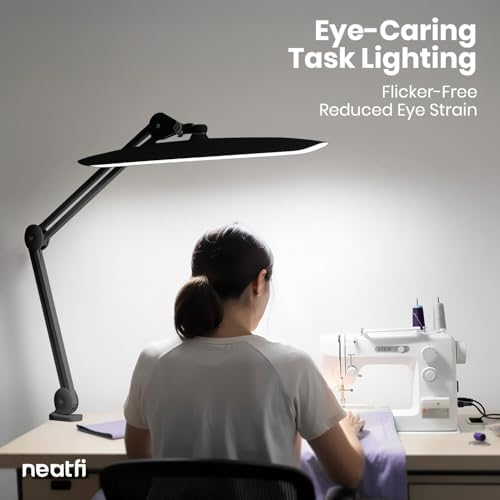 Neatfi XL 2200 Lumens 24W LED Desk Lamp – Shadow-Free Task Lighting | 4-Level Dimming | Home Office & Crafts Use | 20-Inch Wide Head (Black, Non-CCT with Clamp) - Image 3
