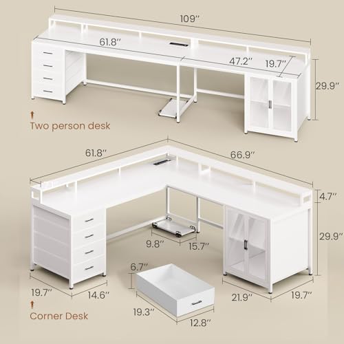 SEDETA L Shaped Gaming Desk with 4 Drawers, 109” Computer Desk with Display Cabinet, Home Office Desks with 2 Monitor Stands, CPU Stand, LED Lights and Power Outlet, White - Image 3