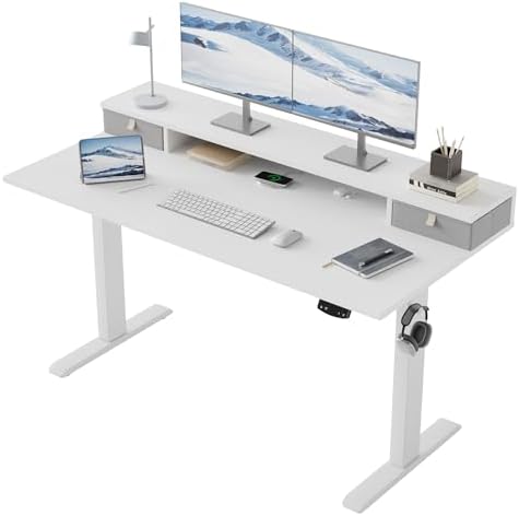 Klicelor 55 x24 Inch Electric Standing Desk with Drawers, Adjustable Height Small Sit Stand Desk for Home Office, Compact Computer Workstation with Storage– White by Klicelor