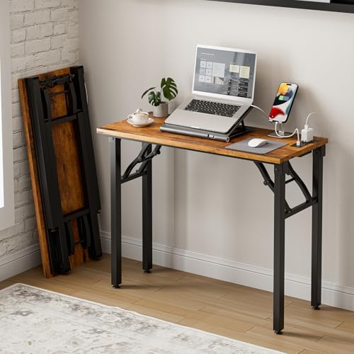 Frylr Small Folding Computer Desk – 35.8 Inch Portable Table for Craft and Study, Lightweight Desk for Small Spaces, Foldable Laptop Table Built-in AC/USB Outlets for Convenience, Rustic Brown by Frylr
