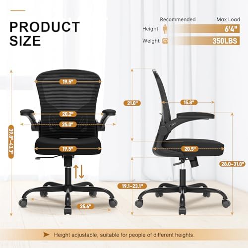 Office Chair, Ergonomic Desk Chairs 330LBS Capacity High Back Mesh Computer Chair with Flip-up Armrests, Comfy Work Chair with Adjustable Lumbar Support, Rolling Chair - Image 3