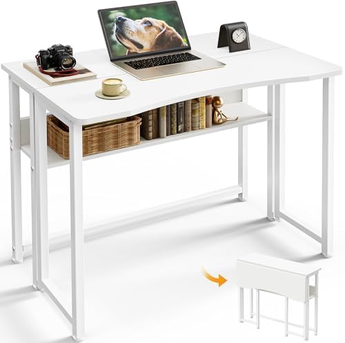 Huuger Folding Desk with Storage Shelf, 31.5 Inch Foldable Computer Table by Huuger