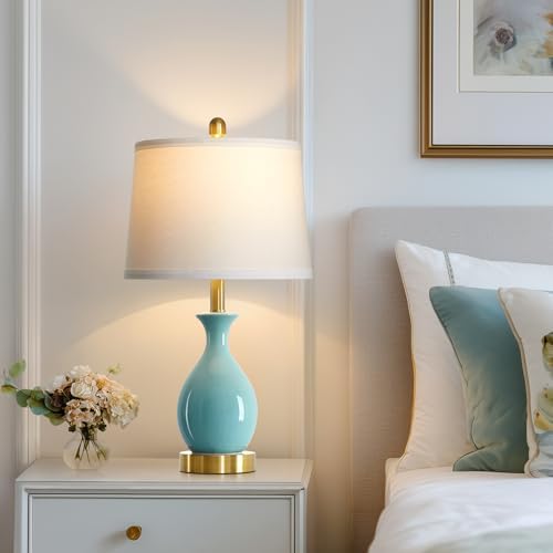 24" Aqua Blue Ceramic Table Lamps Set of 2, Modern Classic Bedside Lamps for Bedroom Nightstand, Small Table Lamp for Living Room End Table (2 LED Bulbs Included) - Image 4