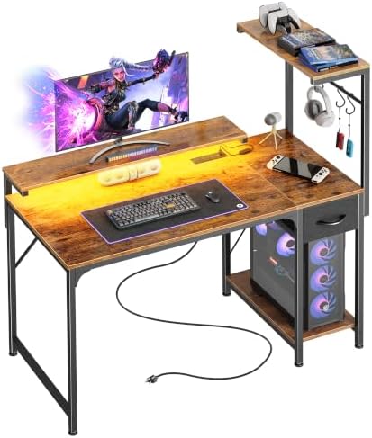 PRAISUN 39.4 Inch Gaming Desk with LED Lights & Power Outlets by PRAISUN